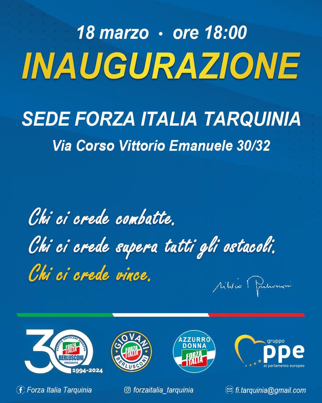 NUOVA SEDE DI FORZA ITALIA TARQUINIA. IL 18 MARZO L’INAUGURAZIONE.